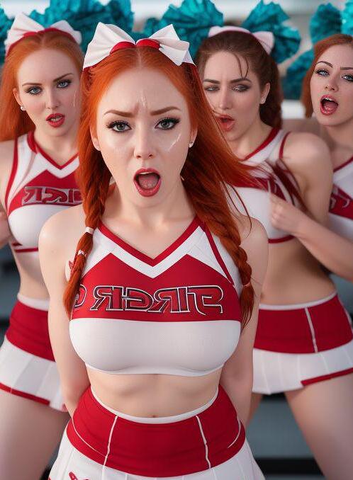 AI Porn Image of Mini Skirt Crying Cheerleader Ginger Orgy Gang bang